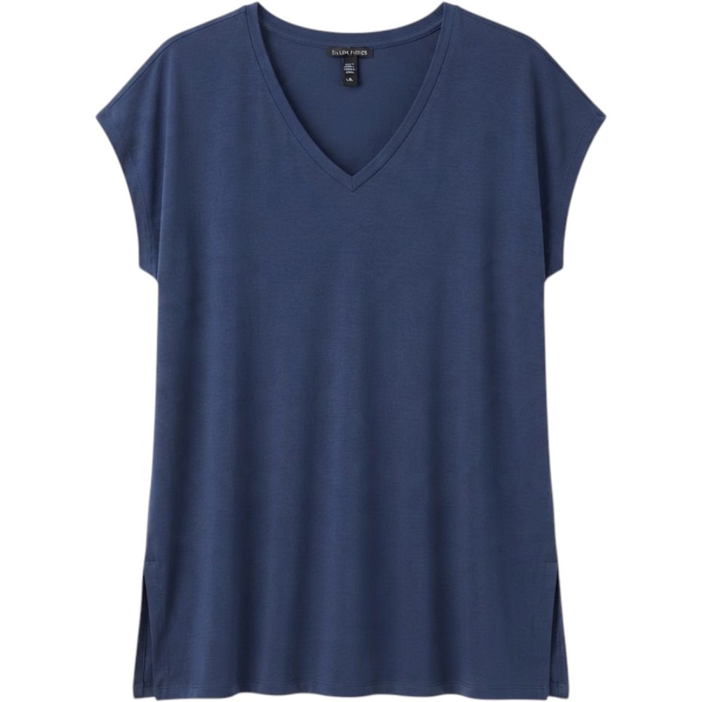 Eileen Fisher V-Neck Tunic Top Women Large Blue Tencel Lyocell Cap Sleeve Slit